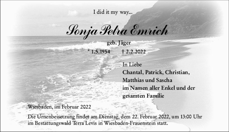  Traueranzeige für Sonja Petra Emrich vom 12.02.2022 aus vrm-trauer Wiesbadener Kurier