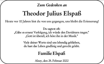 Traueranzeige von Theodor Julius Elspaß von vrm-trauer Allgemeine Zeitung Alzey