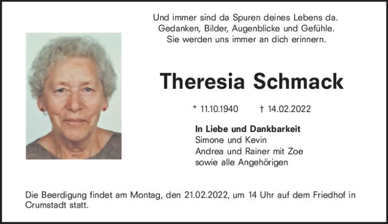  Traueranzeige für Theresia Schmack vom 19.02.2022 aus vrm-trauer Groß-Gerauer Echo