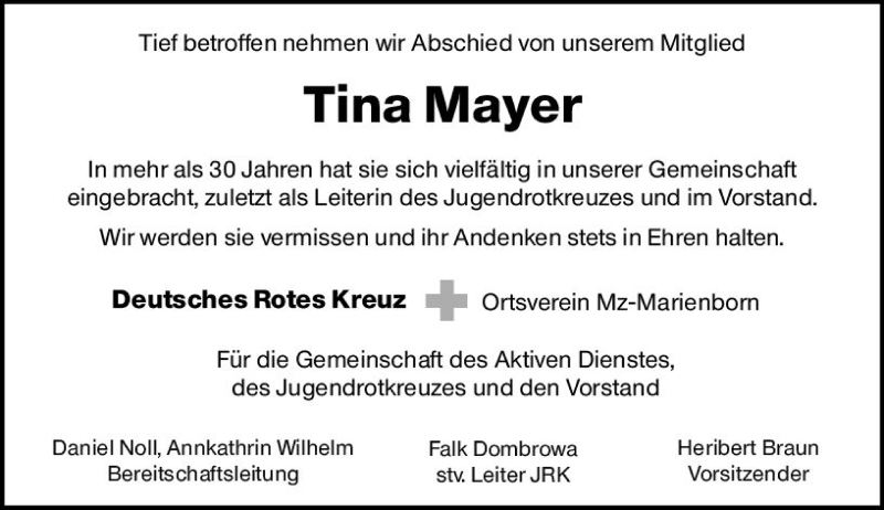  Traueranzeige für Tina Mayer vom 19.02.2022 aus vrm-trauer AZ Mainz