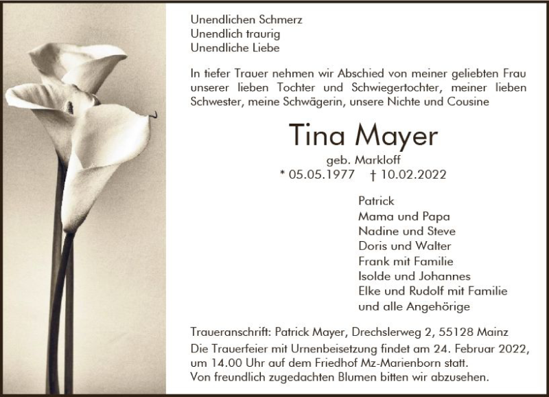  Traueranzeige für Tina Mayer vom 19.02.2022 aus vrm-trauer AZ Mainz
