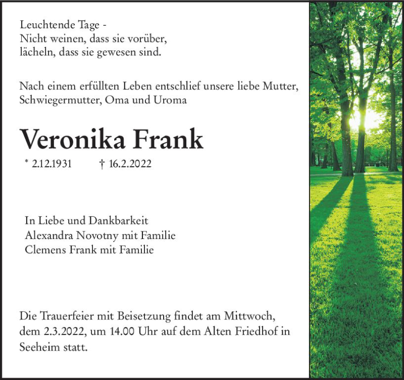  Traueranzeige für Veronika Frank vom 21.02.2022 aus vrm-trauer Darmstädter Echo