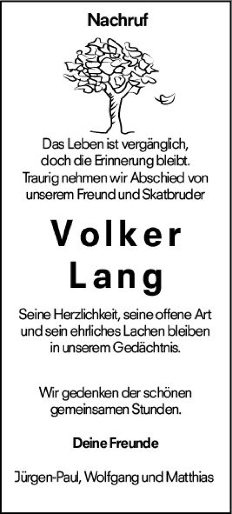  Traueranzeige für Volker Lang vom 12.02.2022 aus vrm-trauer Allgemeine  Zeitung Ingelheim-Bingen