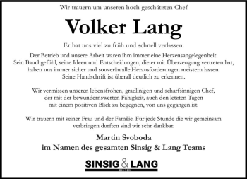 Traueranzeige von Volker Lang von vrm-trauer Allgemeine  Zeitung Ingelheim-Bingen