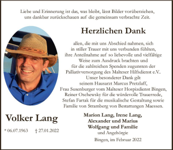 Traueranzeige von Volker Lang von vrm-trauer Allgemeine  Zeitung Ingelheim-Bingen