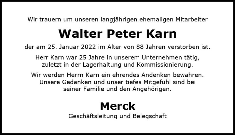  Traueranzeige für Walter Peter Karn vom 01.02.2022 aus vrm-trauer Darmstädter Echo