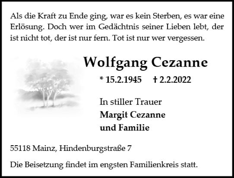  Traueranzeige für Wolfgang Cezanne vom 12.02.2022 aus vrm-trauer AZ Mainz