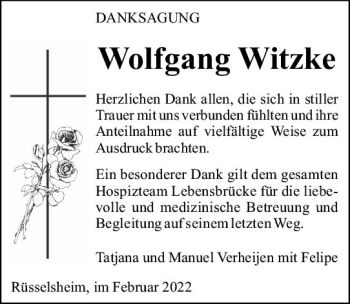 Traueranzeige von Wolfgang Witzke von vrm-trauer Rüsselsheimer Echo / MainSpitze