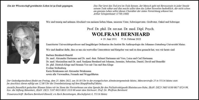  Traueranzeige für Wolfram Bernhard vom 19.02.2022 aus vrm-trauer Allgemeine Zeitung Alzey