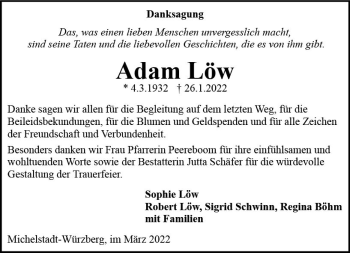 Traueranzeige von Adam Löw von vrm-trauer Odenwälder Echo