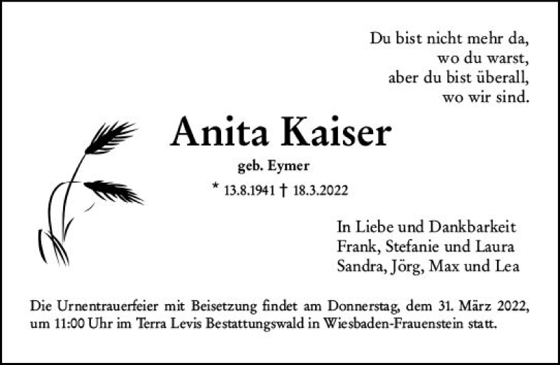  Traueranzeige für Anita Kaiser vom 26.03.2022 aus vrm-trauer Wiesbadener Kurier