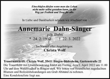 Traueranzeige von Annemarie Dahn-Sänger von vrm-trauer Allgemeine  Zeitung Ingelheim-Bingen