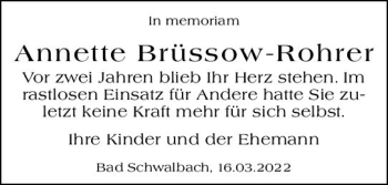 Traueranzeige von Annette Brüssow-Rohrer von vrm-trauer Wiesbadener Kurier