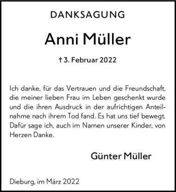 Traueranzeige von Anni Müller von vrm-trauer DieburgerAnzeiger/Groß-Zimmerner Lokala