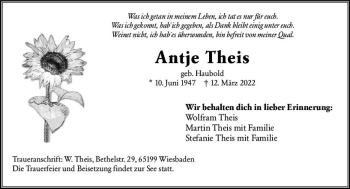 Traueranzeige von Antje Theis von vrm-trauer Wiesbadener Kurier