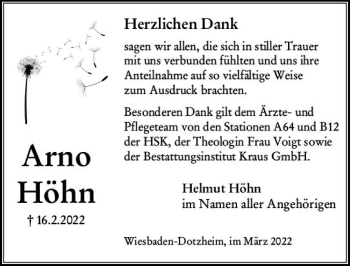 Traueranzeige von Arno Höhn von vrm-trauer Wiesbadener Kurier