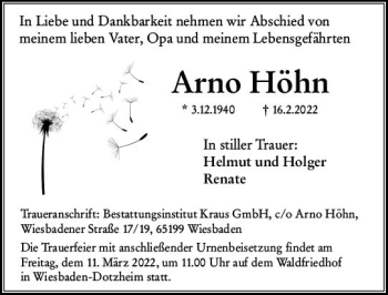Traueranzeige von Arno Höhn von vrm-trauer Wiesbadener Kurier