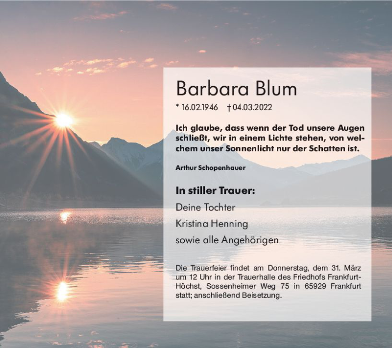  Traueranzeige für Barbara Blum vom 21.03.2022 aus vrm-trauer Groß-Gerauer Echo