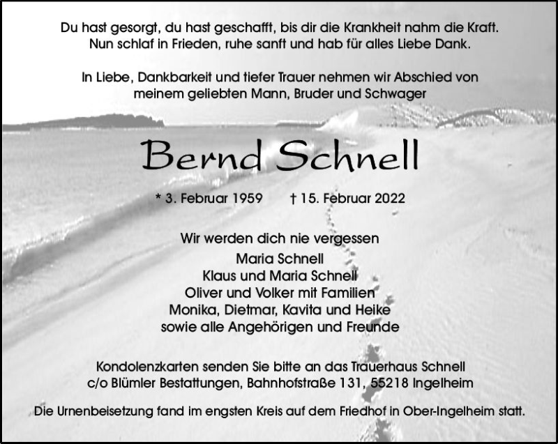  Traueranzeige für Bernd Schnell vom 12.03.2022 aus vrm-trauer Allgemeine  Zeitung Ingelheim-Bingen