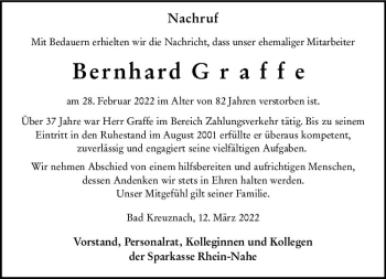 Traueranzeige von Bernhard Graffe von vrm-trauer Allgemeine  Zeitung Ingelheim-Bingen