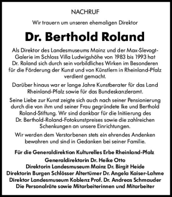 Traueranzeige von Berthold Roland von vrm-trauer AZ Mainz