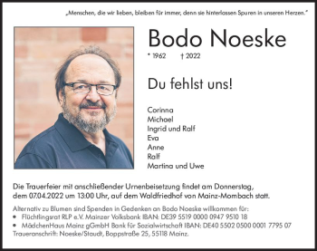 Traueranzeige von Bodo Noeske von vrm-trauer AZ Mainz