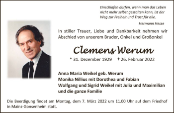 Traueranzeige von Clemens Werum von vrm-trauer AZ Mainz