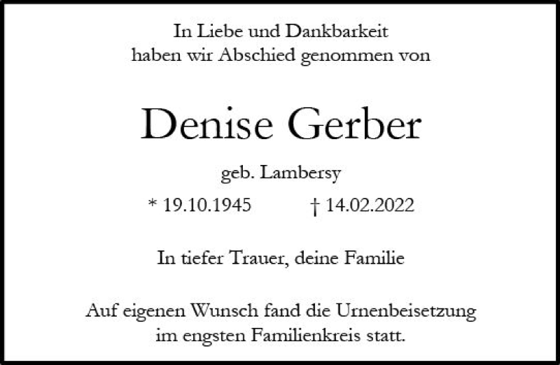  Traueranzeige für Denise Gerber vom 12.03.2022 aus vrm-trauer Allgemeine  Zeitung Ingelheim-Bingen