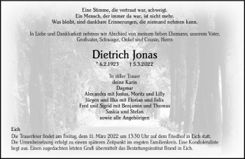 Traueranzeige von Dietrich Jonas von vrm-trauer Wormser Zeitung