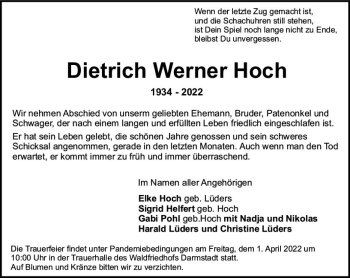 Traueranzeige von Dietrich Werner Hoch von vrm-trauer Darmstädter Echo