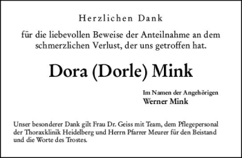 Traueranzeige von Dora Mink von vrm-trauer Bürstädter/Lamperth. Ztg/Starkenburger