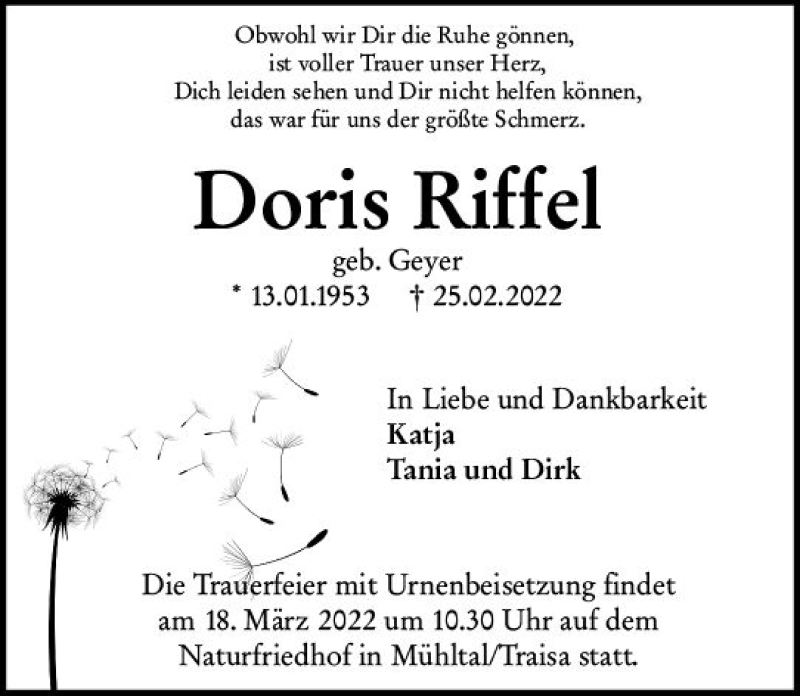  Traueranzeige für Doris Riffel vom 12.03.2022 aus vrm-trauer Darmstädter Echo