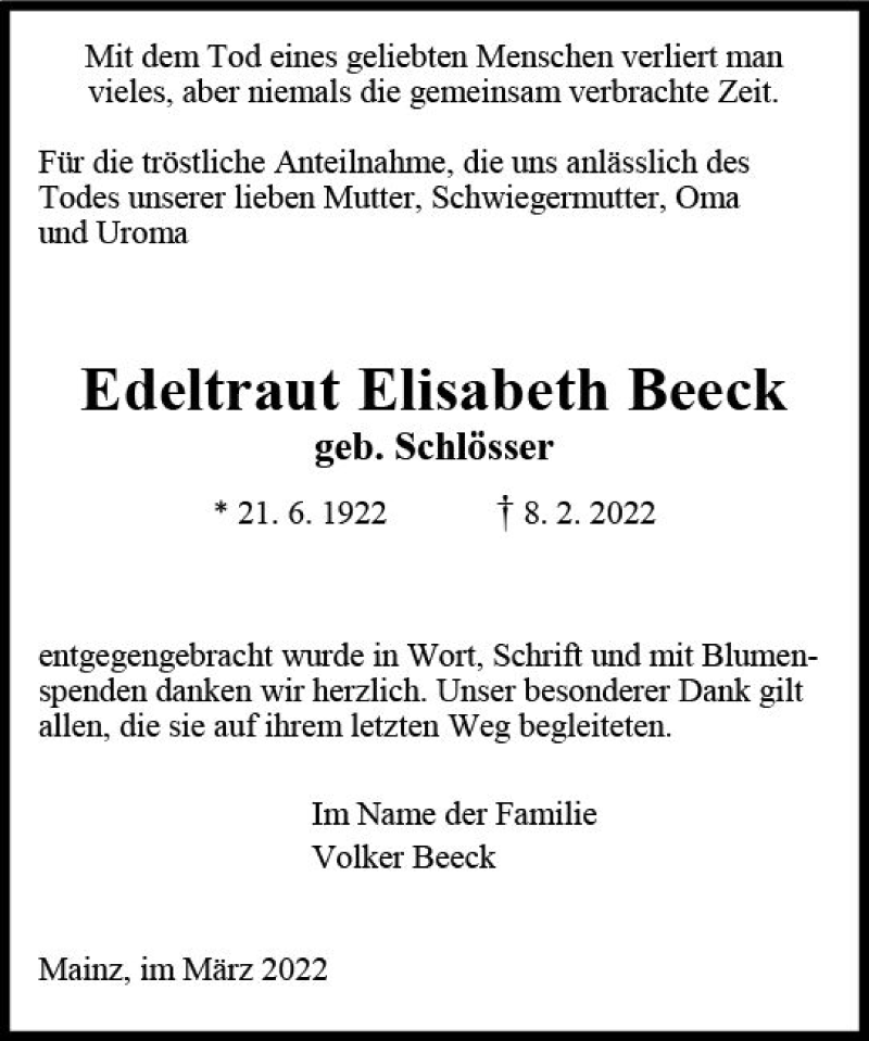  Traueranzeige für Edeltraut Elisabeth Beeck vom 26.03.2022 aus vrm-trauer AZ Mainz