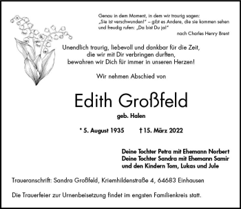 Traueranzeige von Edith Großfeld von vrm-trauer Wiesbadener Kurier