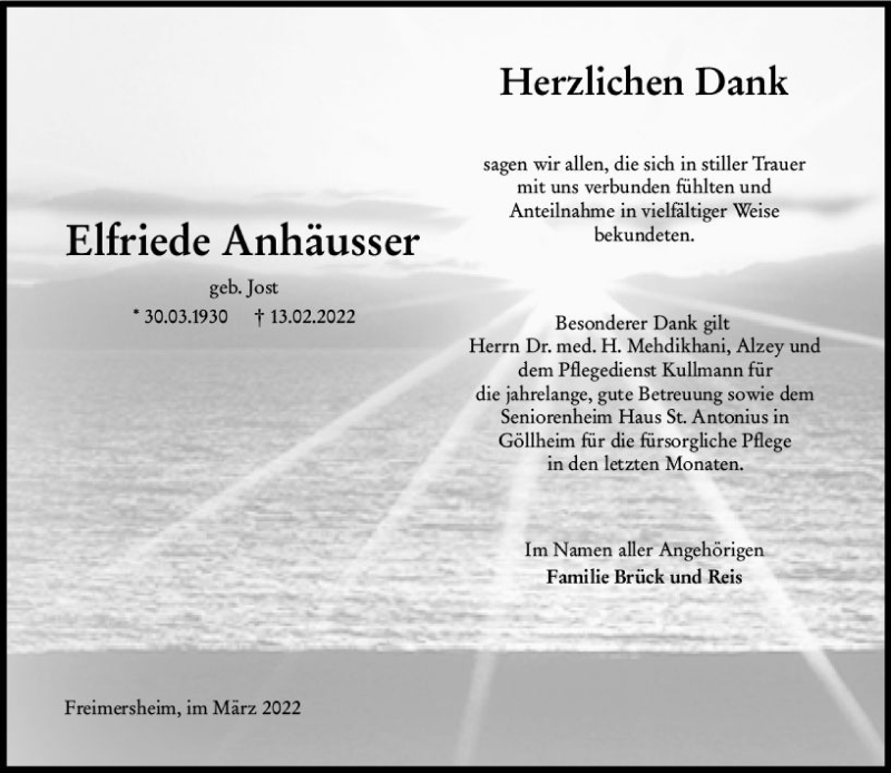  Traueranzeige für Elfriede Anhäusser vom 26.03.2022 aus vrm-trauer Allgemeine Zeitung Alzey