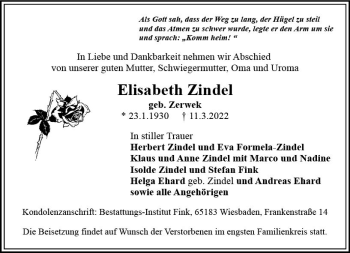 Traueranzeige von Elisabeth Zindel von vrm-trauer Wiesbadener Kurier