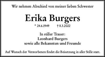 Traueranzeige von Erika Burgers von vrm-trauer Wiesbadener Kurier