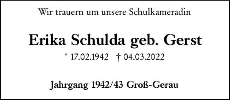  Traueranzeige für Erika Schulda vom 11.03.2022 aus vrm-trauer Groß-Gerauer Echo