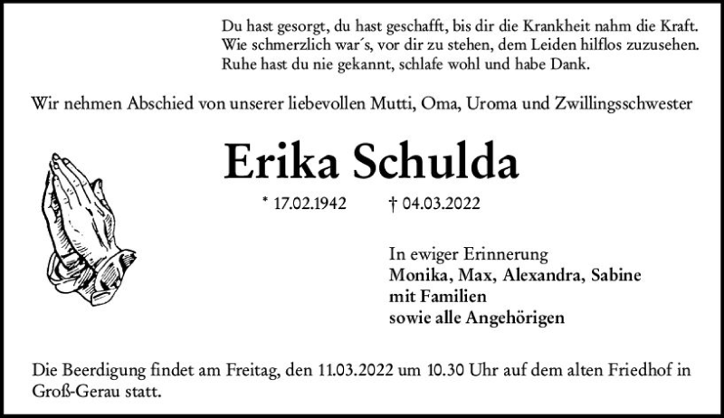  Traueranzeige für Erika Schulda vom 09.03.2022 aus vrm-trauer Groß-Gerauer Echo