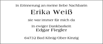 Traueranzeige von Erika Weiß von vrm-trauer Odenwälder Echo