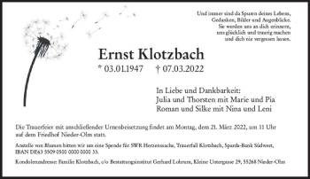 Traueranzeige von Ernst Klotzbach von vrm-trauer Allgemeine Zeitung Alzey