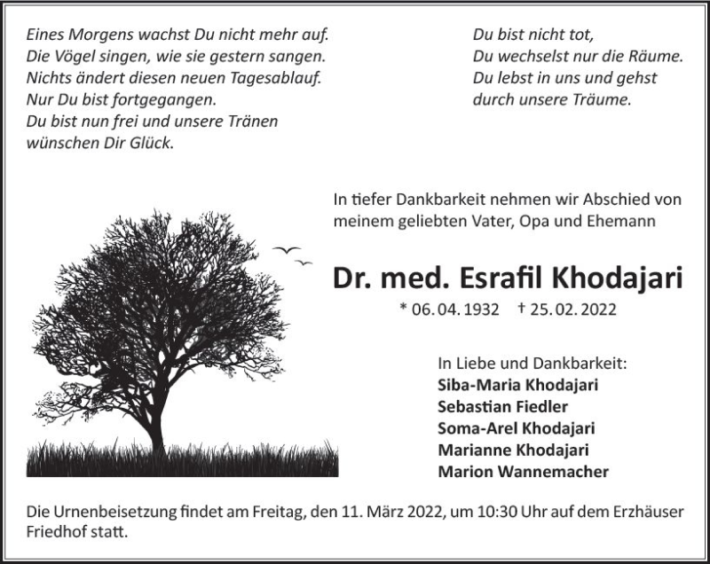  Traueranzeige für Esrafil Khodajari vom 05.03.2022 aus vrm-trauer Darmstädter Echo