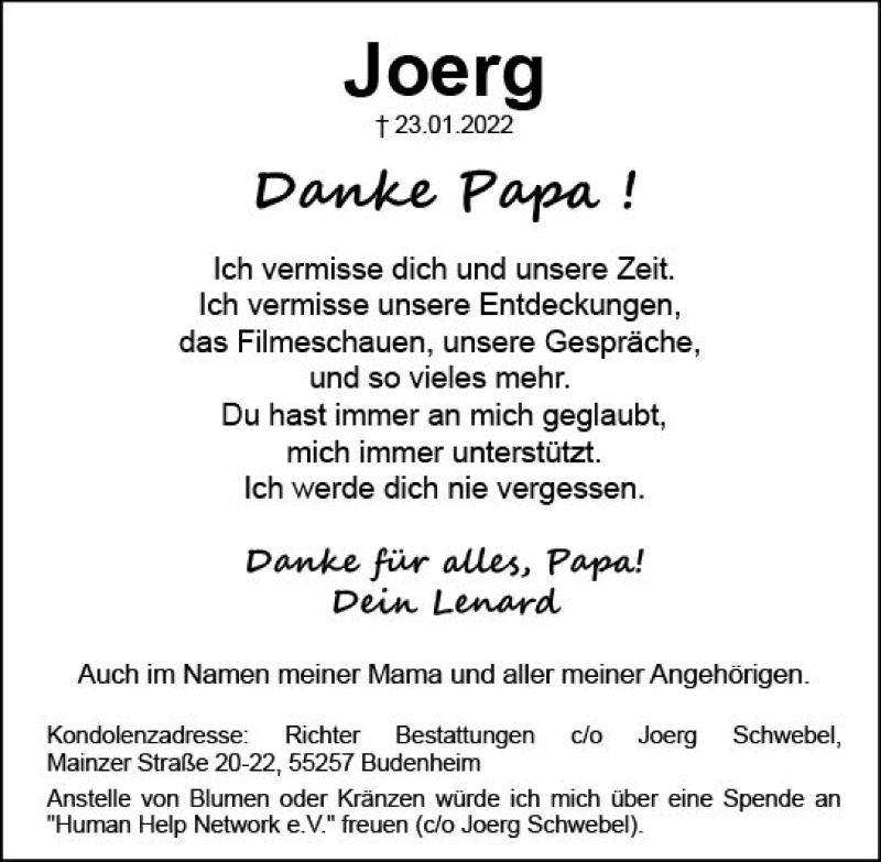  Traueranzeige für Joerg Schwebel vom 05.02.2022 aus vrm-trauer AZ Mainz