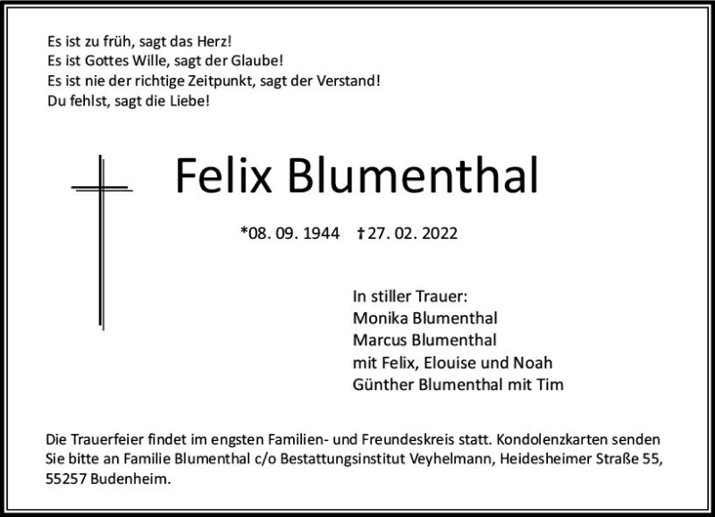  Traueranzeige für Felix Blumenthal vom 05.03.2022 aus vrm-trauer AZ Mainz