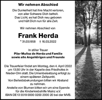 Traueranzeige von Frank Herda von vrm-trauer AZ Mainz