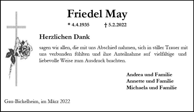  Traueranzeige für Friedel May vom 19.03.2022 aus vrm-trauer Allgemeine Zeitung Alzey