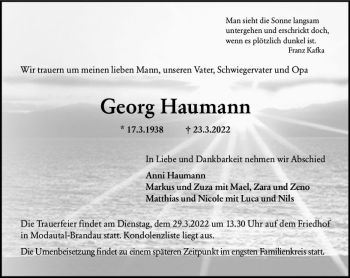 Traueranzeige von Georg Haumann von vrm-trauer Bergsträßer Anzeiger