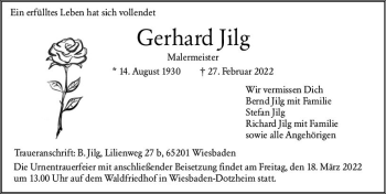 Traueranzeige von Gerhard Jilg von vrm-trauer Wiesbadener Kurier