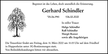 Traueranzeige von Gerhard Schindler von vrm-trauer Bürstädter/Lamperth. Ztg/Starkenburger