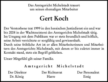 Traueranzeige von Gert Koch von vrm-trauer Odenwälder Echo